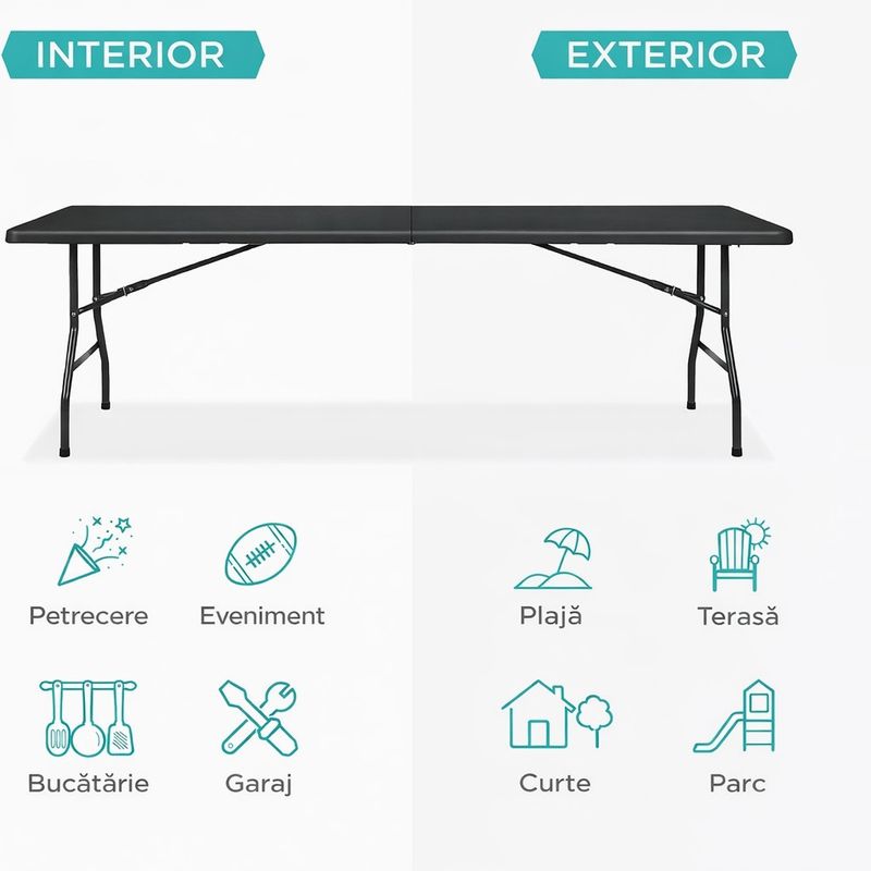 Casa si Gradina - Gradina si terasa - Mobilier exterior - Mese gradina - Masa dreptunghiulara pliabila multifunctionala, pentru gradina sau evenimente, 240x75x74 cm, negru - Infinity.ro