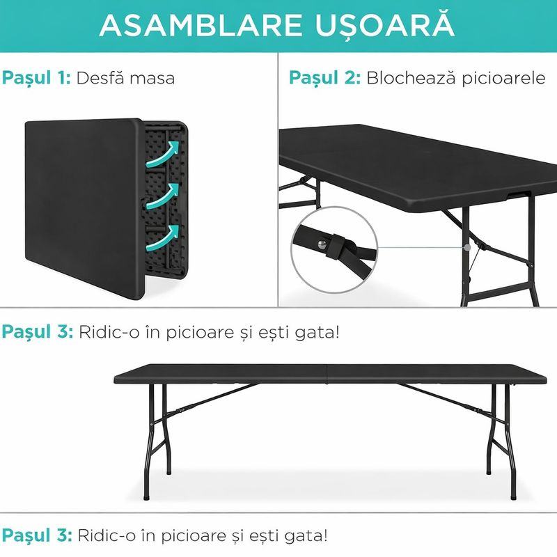 Casa si Gradina - Gradina si terasa - Mobilier exterior - Mese gradina - Masa dreptunghiulara pliabila multifunctionala, pentru gradina sau evenimente, 240x75x74 cm, negru - Infinity.ro