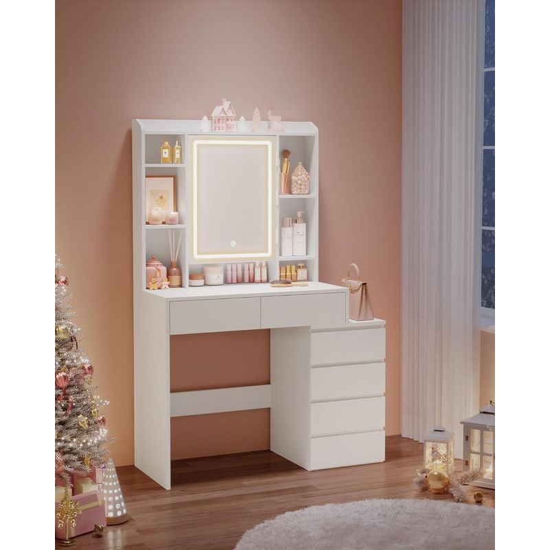 Casa si Gradina - Mobilier - Comode si corpuri - Masute de toaleta - Masa de toaleta Kailyn, oglinda LED cu iluminare reglabila, 6 sertare, 40x98x145 cm, alb - Infinity.ro