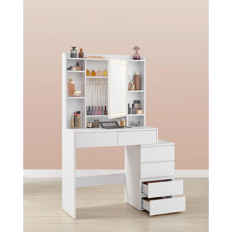 Casa si Gradina - Mobilier - Comode si corpuri - Masute de toaleta - Masa de toaleta Kailyn, oglinda LED cu iluminare reglabila, 6 sertare, 40x98x145 cm, alb - Infinity.ro