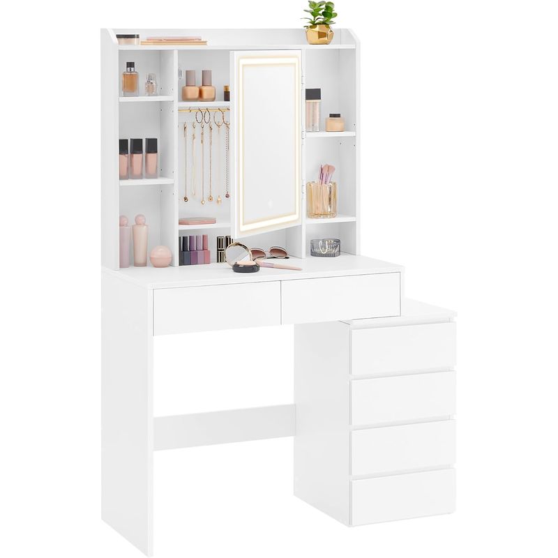 Casa si Gradina - Mobilier - Comode si corpuri - Masute de toaleta - Masa de toaleta Kailyn, oglinda LED cu iluminare reglabila, 6 sertare, 40x98x145 cm, alb - Infinity.ro