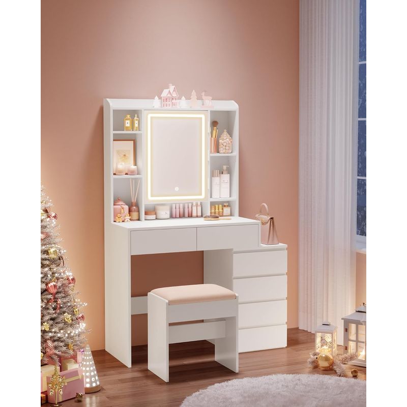 Casa si Gradina - Mobilier - Comode si corpuri - Masute de toaleta - Masa de toaleta Kailyn, oglinda LED cu iluminare reglabila, 6 sertare, 40x98x145 cm, alb - Infinity.ro