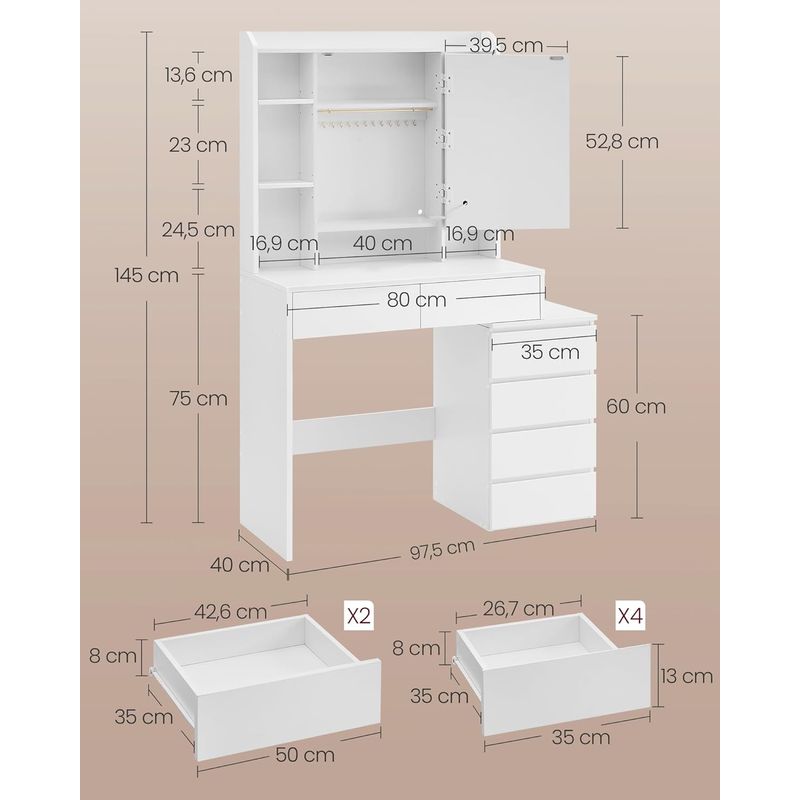 Casa si Gradina - Mobilier - Comode si corpuri - Masute de toaleta - Masa de toaleta Kailyn, oglinda LED cu iluminare reglabila, 6 sertare, 40x98x145 cm, alb - Infinity.ro