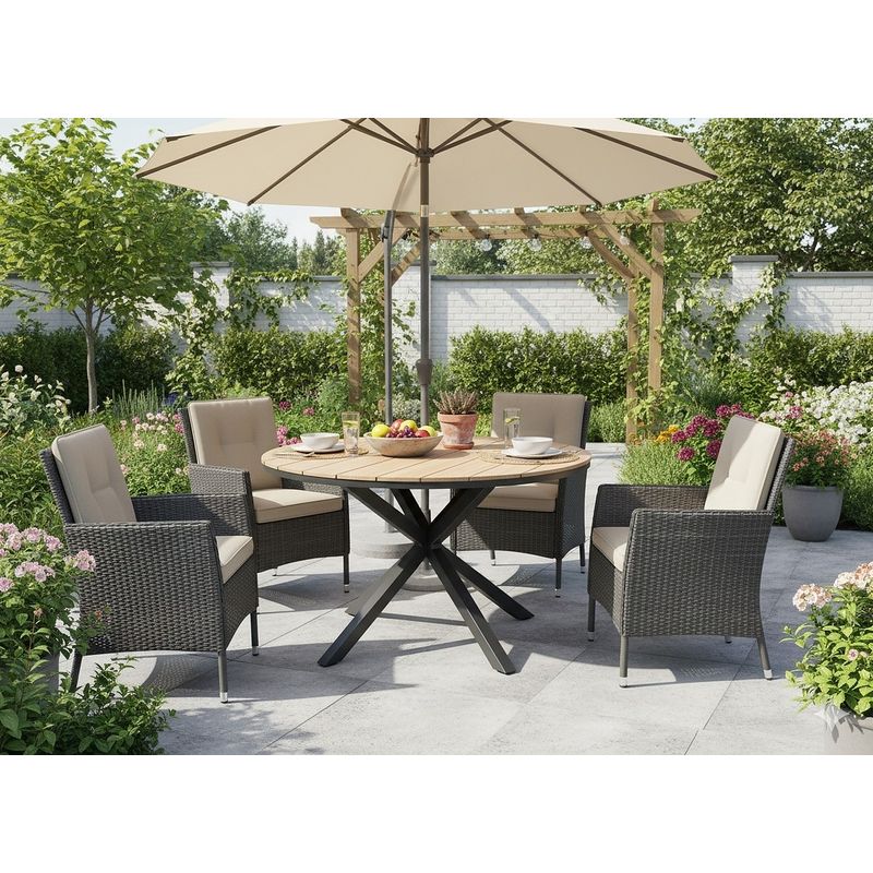 Casa si Gradina - Gradina si terasa - Mobilier exterior - Mese gradina - Masa rotunda pentru gradina, cadru aluminiu cu blat polywood aspect lemn, 112x73 cm, maro natur - Infinity.ro