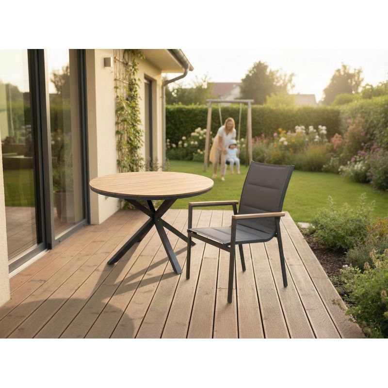 Casa si Gradina - Gradina si terasa - Mobilier exterior - Mese gradina - Masa rotunda pentru gradina, cadru aluminiu cu blat polywood aspect lemn, 112x73 cm, maro natur - Infinity.ro