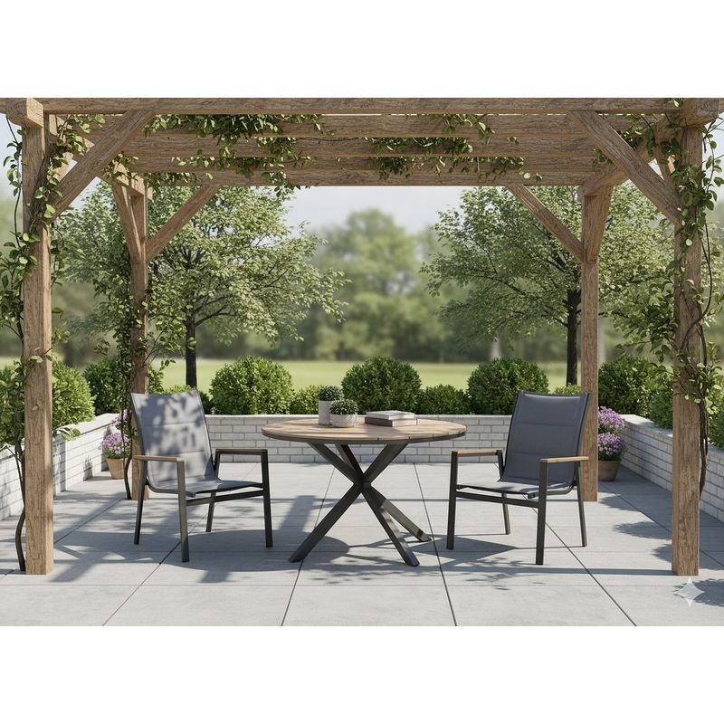 Casa si Gradina - Gradina si terasa - Mobilier exterior - Mese gradina - Masa rotunda pentru gradina, cadru aluminiu cu blat polywood aspect lemn, 112x73 cm, maro natur - Infinity.ro