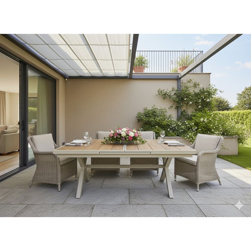 Casa si Gradina - Gradina si terasa - Mobilier exterior - Mese gradina - Masa gradina extensibila 180-240 cm din aluminiu cu blat aspect lemn, 180-240x90x76 cm, bej - Infinity.ro
