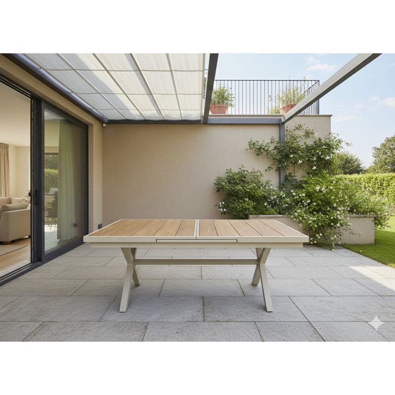 Casa si Gradina - Gradina si terasa - Mobilier exterior - Mese gradina - Masa gradina extensibila 180-240 cm din aluminiu cu blat aspect lemn, 180-240x90x76 cm, bej - Infinity.ro