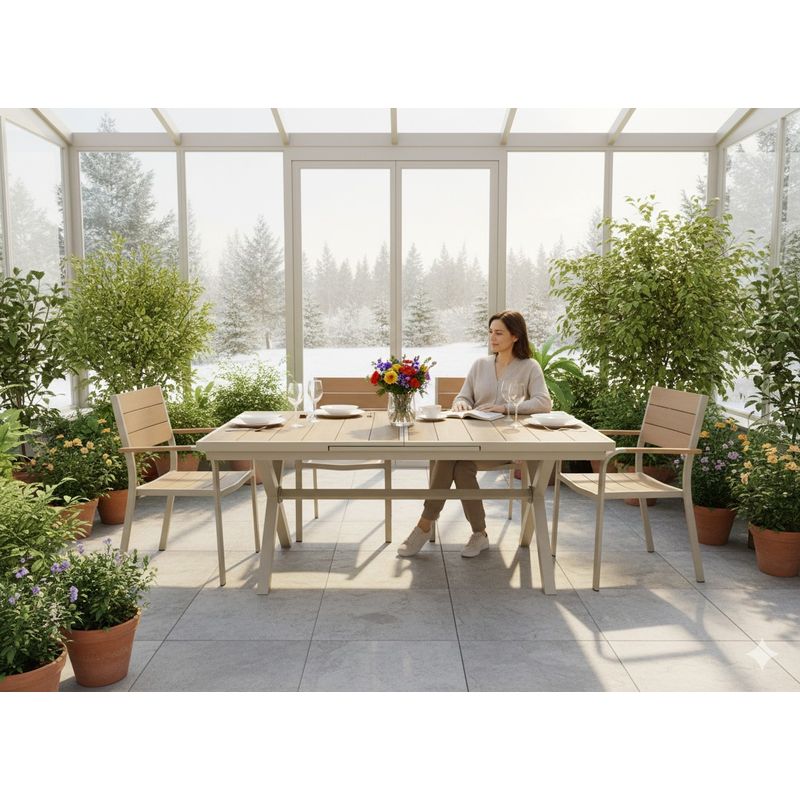 Casa si Gradina - Gradina si terasa - Mobilier exterior - Mese gradina - Masa gradina extensibila 180-240 cm din aluminiu cu blat aspect lemn, 180-240x90x76 cm, bej - Infinity.ro