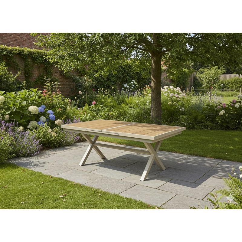 Casa si Gradina - Gradina si terasa - Mobilier exterior - Mese gradina - Masa gradina extensibila 180-240 cm din aluminiu cu blat aspect lemn, 180-240x90x76 cm, bej - Infinity.ro
