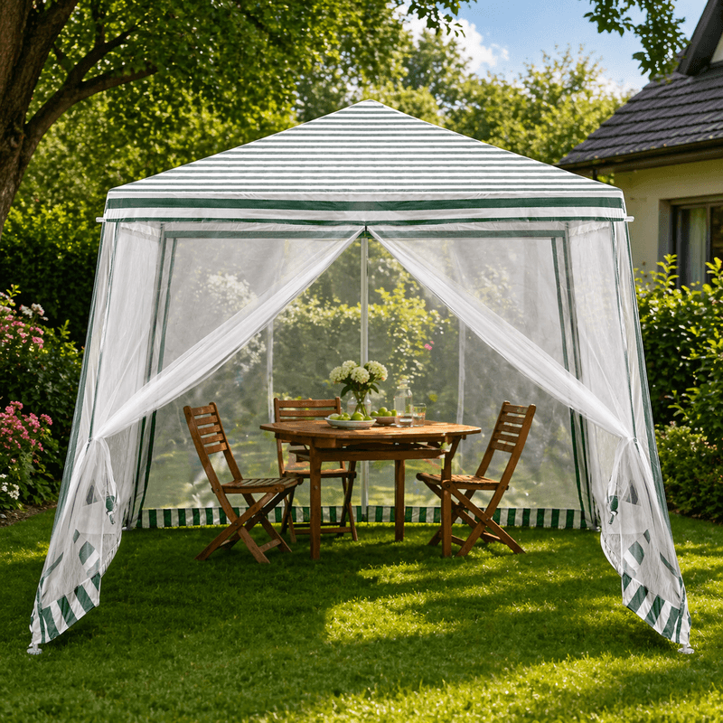 Casa si Gradina - Gradina si terasa - Umbrele si pavilioane - Pavilioane - Cort pavilion gradina, pereti cu plasa anti insecte si structura metalica, 3x3 m, alb si verde - Infinity.ro