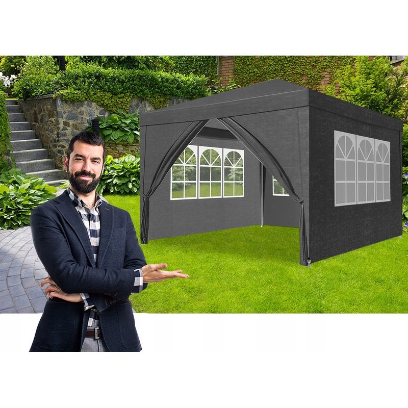Casa si Gradina - Decoratiuni - Pereti despartitori si paravane - Set 4 pereti laterali pavilion 295x195 cm, 3 cu ferestre si 1 usa fermoar, PE 100g/m2 impermeabil, prindere velcro, gri - Infinity.ro