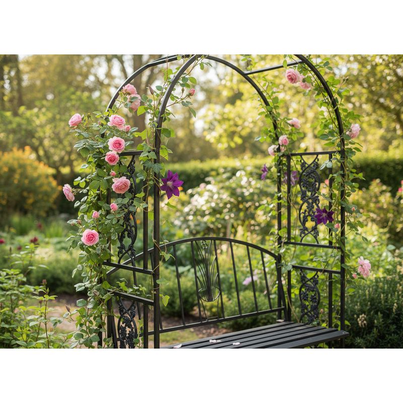 Casa si Gradina - Gradina si terasa - Decoratiuni exterior - Arcade - Pergola pentru gradina cu banca, structura metalica solida, 122x58x203 cm, negru - Infinity.ro