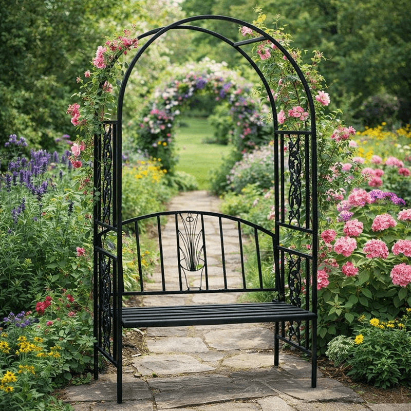 Casa si Gradina - Gradina si terasa - Decoratiuni exterior - Arcade - Pergola pentru gradina cu banca, structura metalica solida, 122x58x203 cm, negru - Infinity.ro