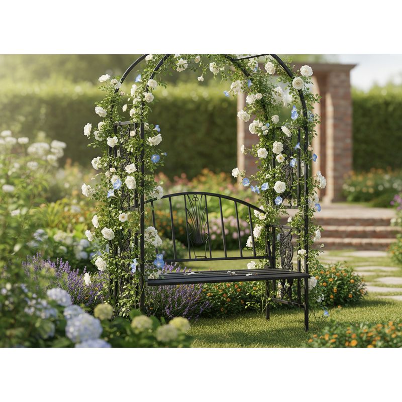 Casa si Gradina - Gradina si terasa - Decoratiuni exterior - Arcade - Pergola pentru gradina cu banca, structura metalica solida, 122x58x203 cm, negru - Infinity.ro