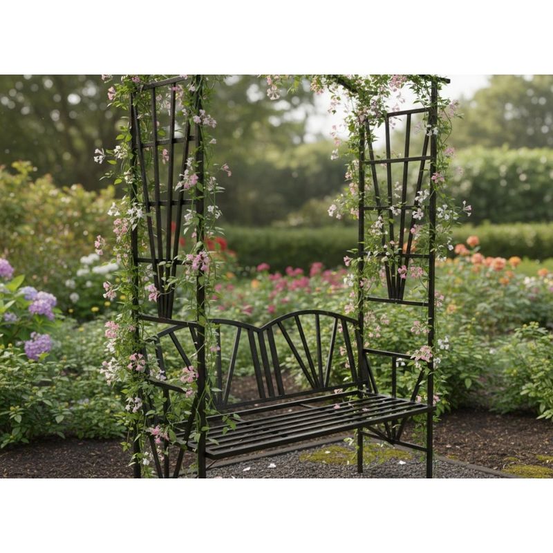 Casa si Gradina - Gradina si terasa - Decoratiuni exterior - Arcade - Pergola pentru gradina cu banca, suport plante cataratoare, structura otel, 114x45x208 cm, negru - Infinity.ro