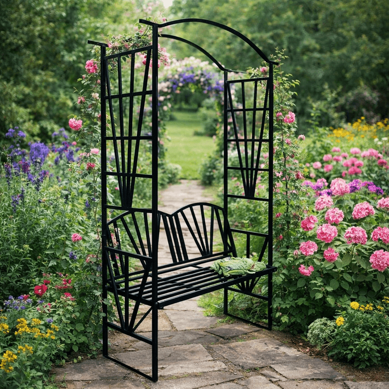 Casa si Gradina - Gradina si terasa - Decoratiuni exterior - Arcade - Pergola pentru gradina cu banca, suport plante cataratoare, structura otel, 114x45x208 cm, negru - Infinity.ro