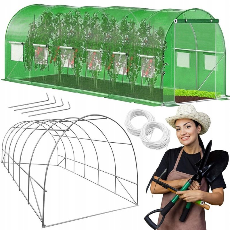 Casa si Gradina - Gradinarit si plante - Sere si solarii - Sera gradina tip tunel 300x600x200 cm, folie PE 140g/m2 UV4, 13 ferestre cu plase tantari, usa lata, 18 mp, verde - Infinity.ro