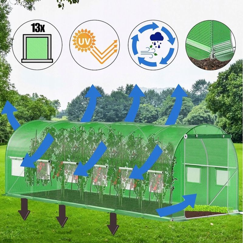 Casa si Gradina - Gradinarit si plante - Sere si solarii - Sera gradina tip tunel 300x600x200 cm, folie PE 140g/m2 UV4, 13 ferestre cu plase tantari, usa lata, 18 mp, verde - Infinity.ro
