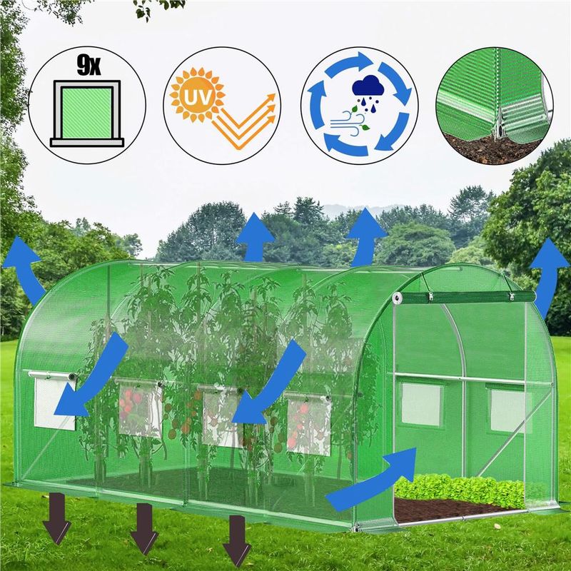 Casa si Gradina - Gradinarit si plante - Sere si solarii - Sera gradina tip tunel 200x450x200 cm, folie PE 140g/m2 UV4, 9 ferestre cu plase tantari, usa cu incuietori, 9 mp, verde - Infinity.ro