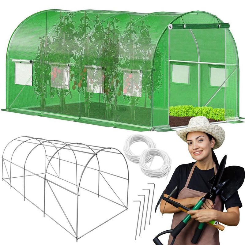 Casa si Gradina - Gradinarit si plante - Sere si solarii - Sera gradina tip tunel 200x450x200 cm, folie PE 140g/m2 UV4, 9 ferestre cu plase tantari, usa cu incuietori, 9 mp, verde - Infinity.ro