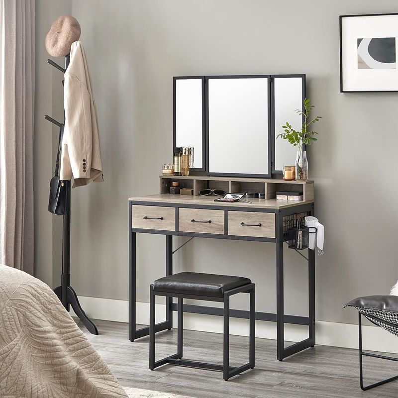 Casa si Gradina - Mobilier - Comode si corpuri - Masute de toaleta - Masuta toaleta 90x40x141 cm, cu 3 sertare, oglinda tripla si taburet, lemn si otel, gri si negru - Infinity.ro