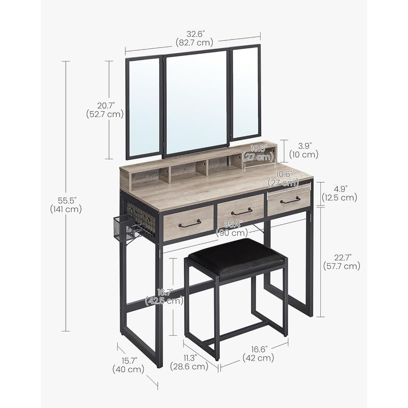 Casa si Gradina - Mobilier - Comode si corpuri - Masute de toaleta - Masuta toaleta 90x40x141 cm, cu 3 sertare, oglinda tripla si taburet, lemn si otel, gri si negru - Infinity.ro