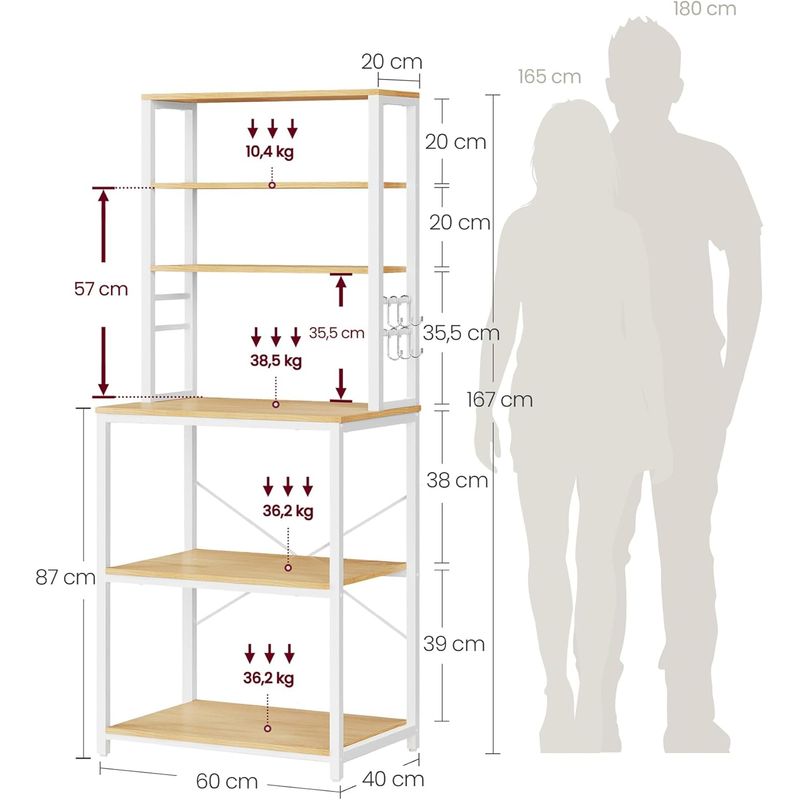 Casa si Gradina - Mobilier - Comode si corpuri - Corpuri bucatarie - Raft de bucatarie, spatiu cuptor cu microunde, 6 rafturi, 40x60x167cm, stejar auriu si alb - Infinity.ro