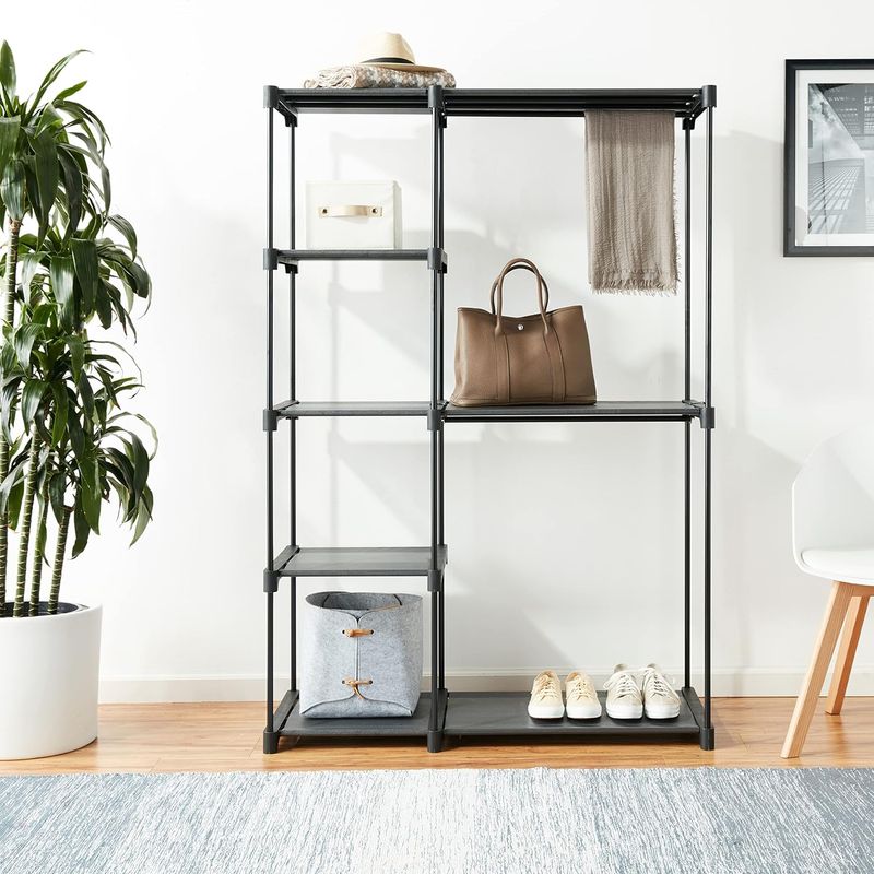 Casa si Gradina - Mobilier - Dulapuri si sifoniere - Dulapuri - Dulap textil pliabil cu spatiu pentru umerase si rafturi, cadru metalic, 112x43x165 cm, negru - Infinity.ro