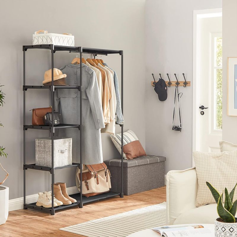 Casa si Gradina - Mobilier - Dulapuri si sifoniere - Dulapuri - Dulap textil pliabil cu spatiu pentru umerase si rafturi, cadru metalic, 112x43x165 cm, negru - Infinity.ro