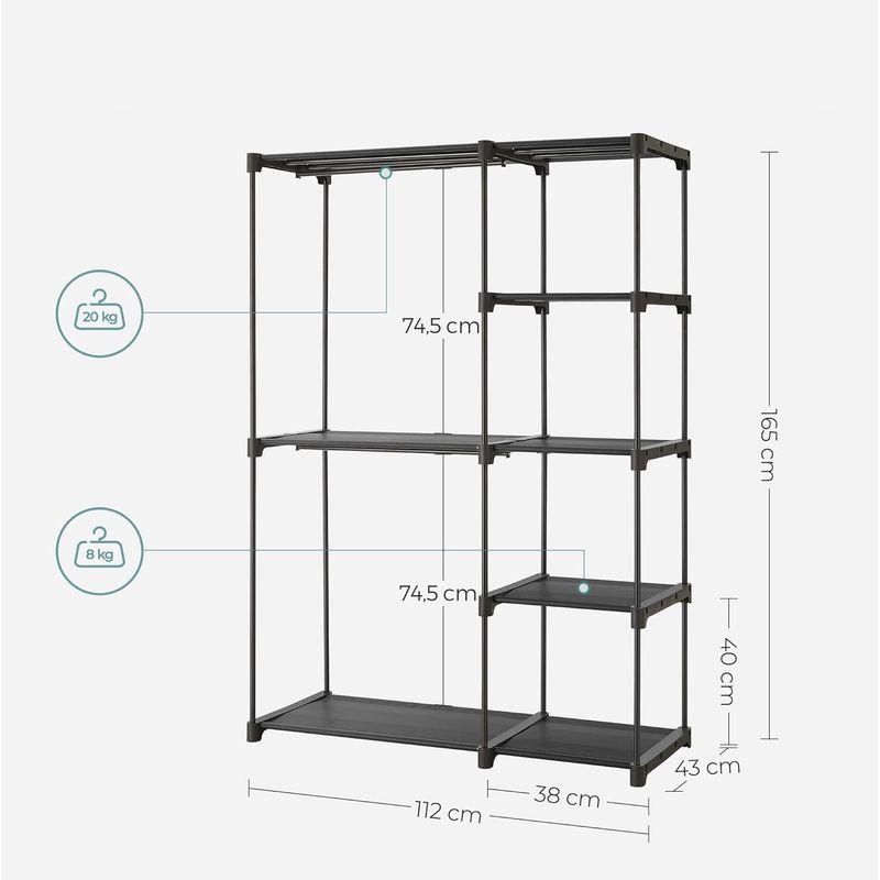 Casa si Gradina - Mobilier - Dulapuri si sifoniere - Dulapuri - Dulap textil pliabil cu spatiu pentru umerase si rafturi, cadru metalic, 112x43x165 cm, negru - Infinity.ro