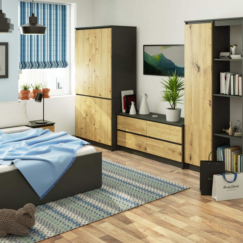 Casa si Gradina - Mobilier - Dulapuri si sifoniere - Dulapuri - Dulap cu 4 usi, rafturi si bara pentru umerase, PAL laminat, 90x51x180 cm, gri grafit si stejar artisan - Infinity.ro