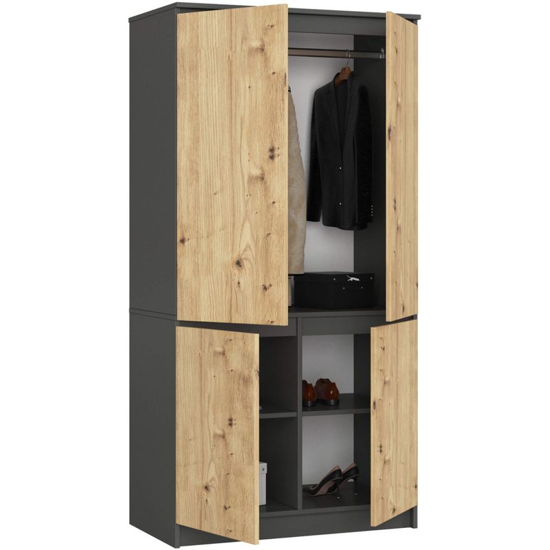 Casa si Gradina - Mobilier - Dulapuri si sifoniere - Dulapuri - Dulap cu 4 usi, rafturi si bara pentru umerase, PAL laminat, 90x51x180 cm, gri grafit si stejar artisan - Infinity.ro