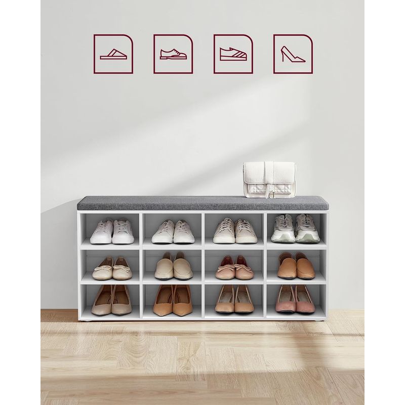Casa si Gradina - Mobilier - Dulapuri si sifoniere - Dulapuri pantofi - Pantofar cu banca cu 12 compartimente si perna, sarcina 136 kg, 104x30x48 cm, alb - Infinity.ro