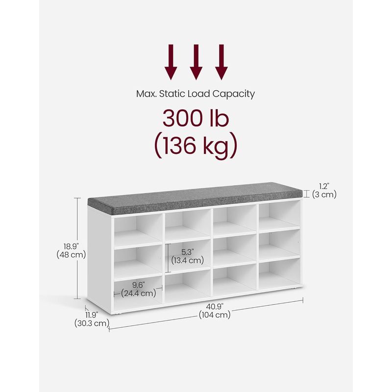 Casa si Gradina - Mobilier - Dulapuri si sifoniere - Dulapuri pantofi - Pantofar cu banca cu 12 compartimente si perna, sarcina 136 kg, 104x30x48 cm, alb - Infinity.ro