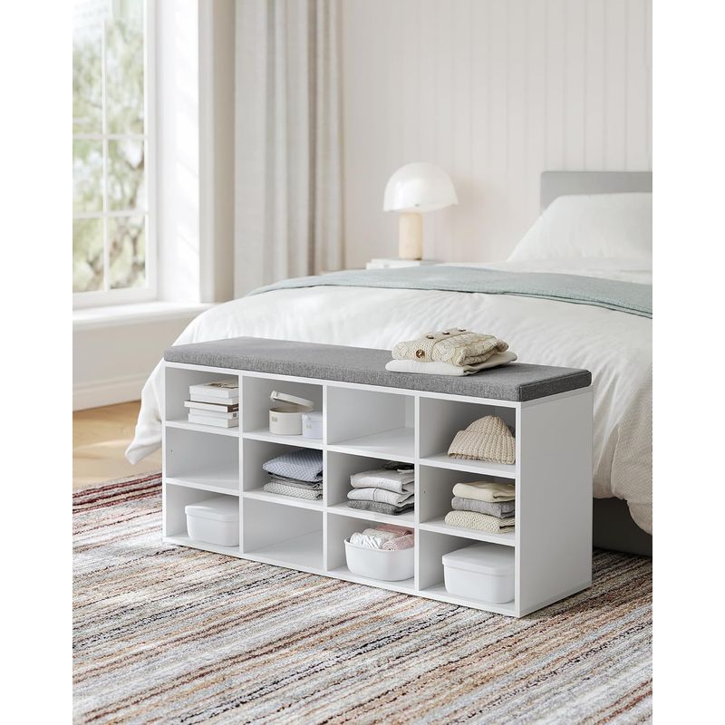 Casa si Gradina - Mobilier - Dulapuri si sifoniere - Dulapuri pantofi - Pantofar cu banca cu 12 compartimente si perna, sarcina 136 kg, 104x30x48 cm, alb - Infinity.ro