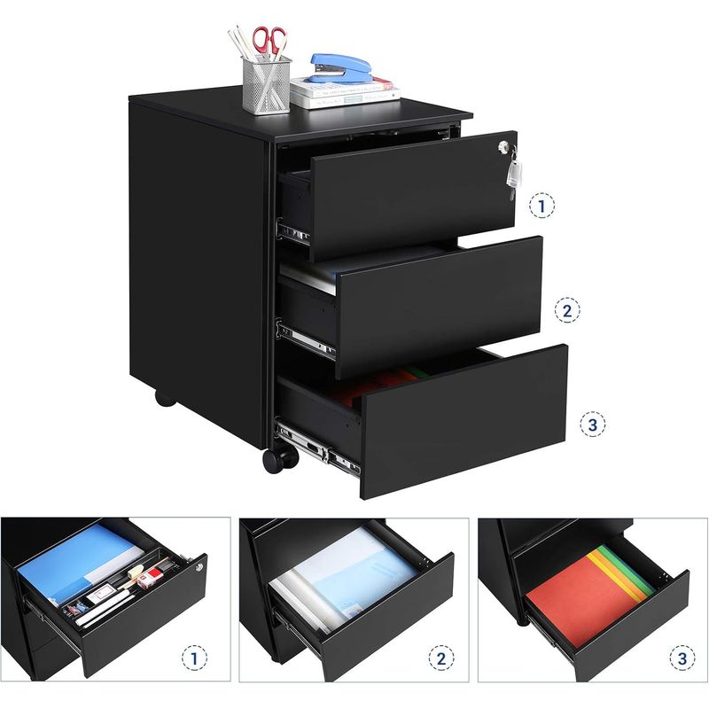 Casa si Gradina - Mobilier - Mese si birouri - Birouri - Dulap mobil rollbox pentru birouri, 3 sertare pentru documente, corp pre-asamblat, 45x39x54 cm, negru - Infinity.ro