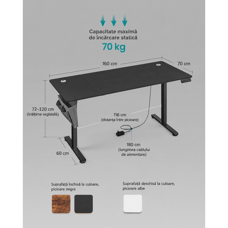 Casa si Gradina - Mobilier - Mese si birouri - Birouri - Birou electric reglabil pe inaltime, cadru metalic, functie memorie 4 pozitii, 160x70x(72-120) cm, negru - Infinity.ro