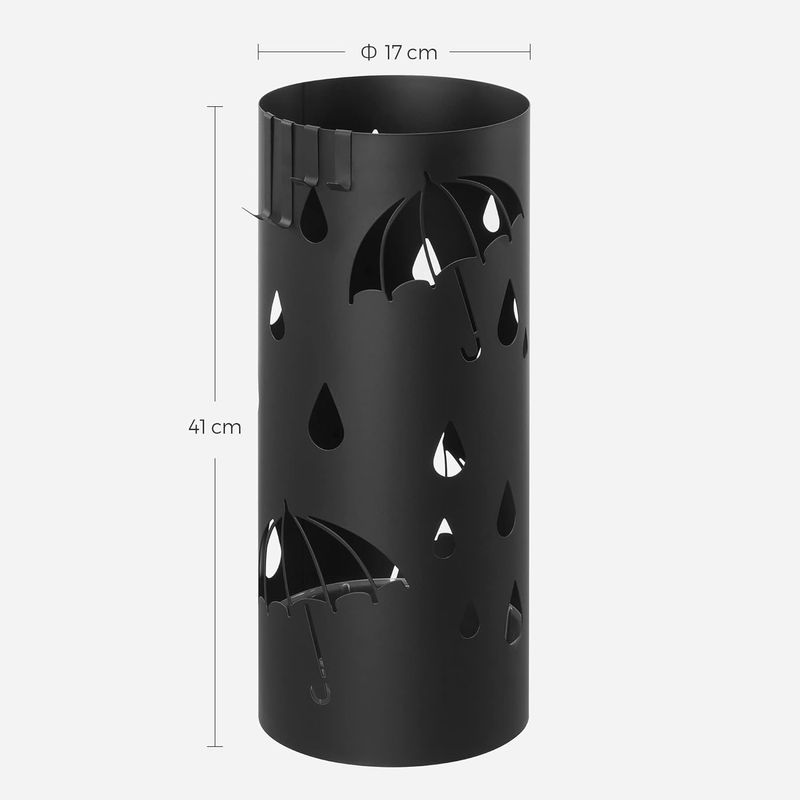 Casa si Gradina - Mobilier - Organizare si depozitare - Cutii depozitare - Suport umbrele metalic cu recipient apa, 4 carlige, decupaje tematice, compact, 17x17x41 cm, negru - Infinity.ro