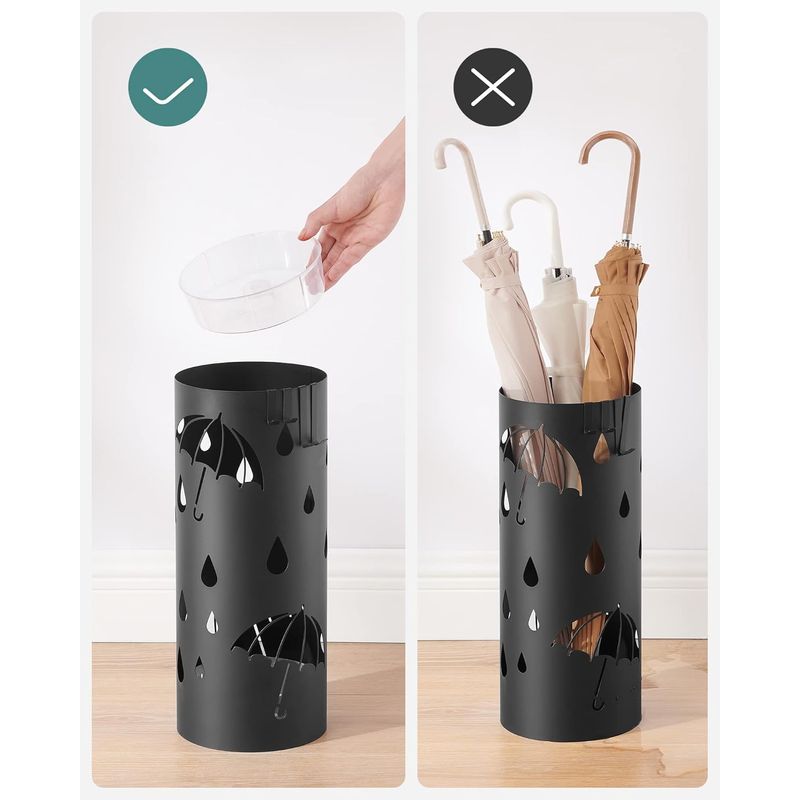 Casa si Gradina - Mobilier - Organizare si depozitare - Cutii depozitare - Suport umbrele metalic cu recipient apa, 4 carlige, decupaje tematice, compact, 17x17x41 cm, negru - Infinity.ro