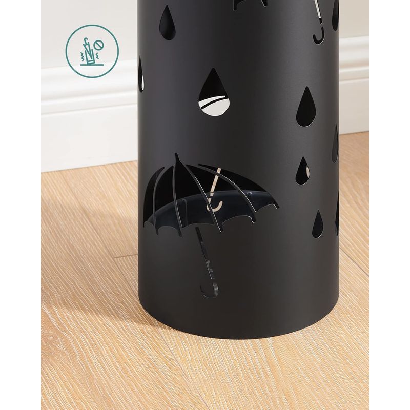 Casa si Gradina - Mobilier - Organizare si depozitare - Cutii depozitare - Suport umbrele metalic cu recipient apa, 4 carlige, decupaje tematice, compact, 17x17x41 cm, negru - Infinity.ro