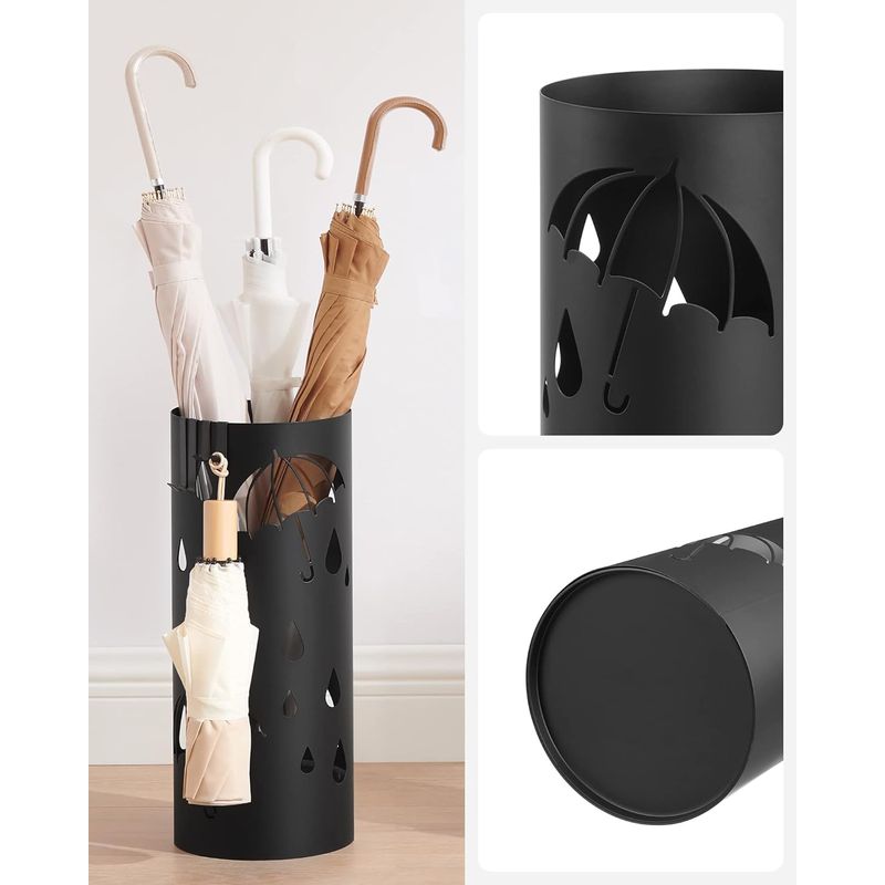 Casa si Gradina - Mobilier - Organizare si depozitare - Cutii depozitare - Suport umbrele metalic cu recipient apa, 4 carlige, decupaje tematice, compact, 17x17x41 cm, negru - Infinity.ro