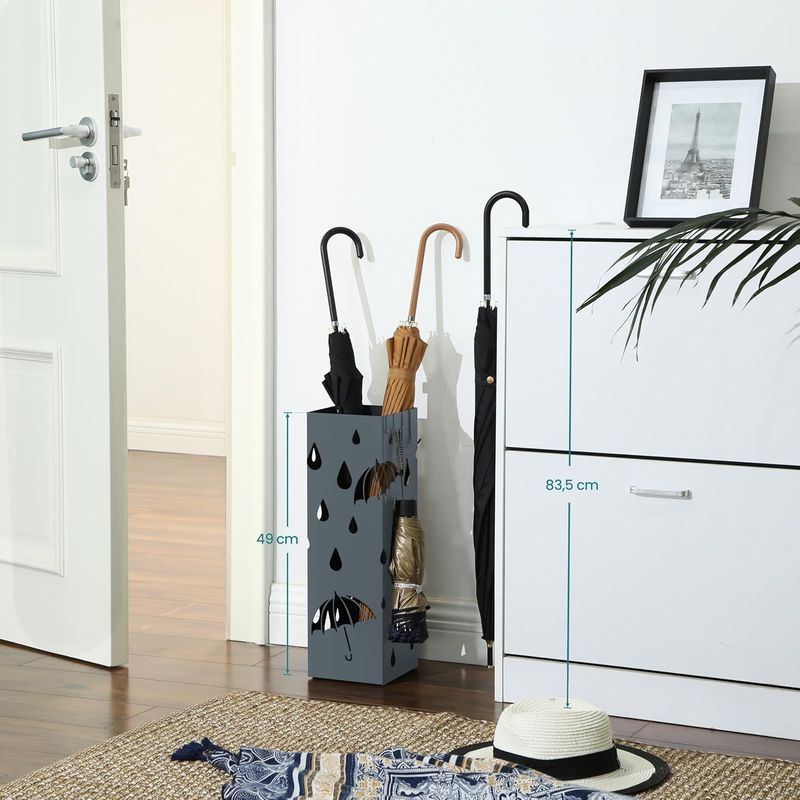 Casa si Gradina - Mobilier - Organizare si depozitare - Cutii depozitare - Suport umbrele metalic cu recipient detasabil apa, 4 carlige, decupaje moderne, 16x16x49 cm, antracit - Infinity.ro