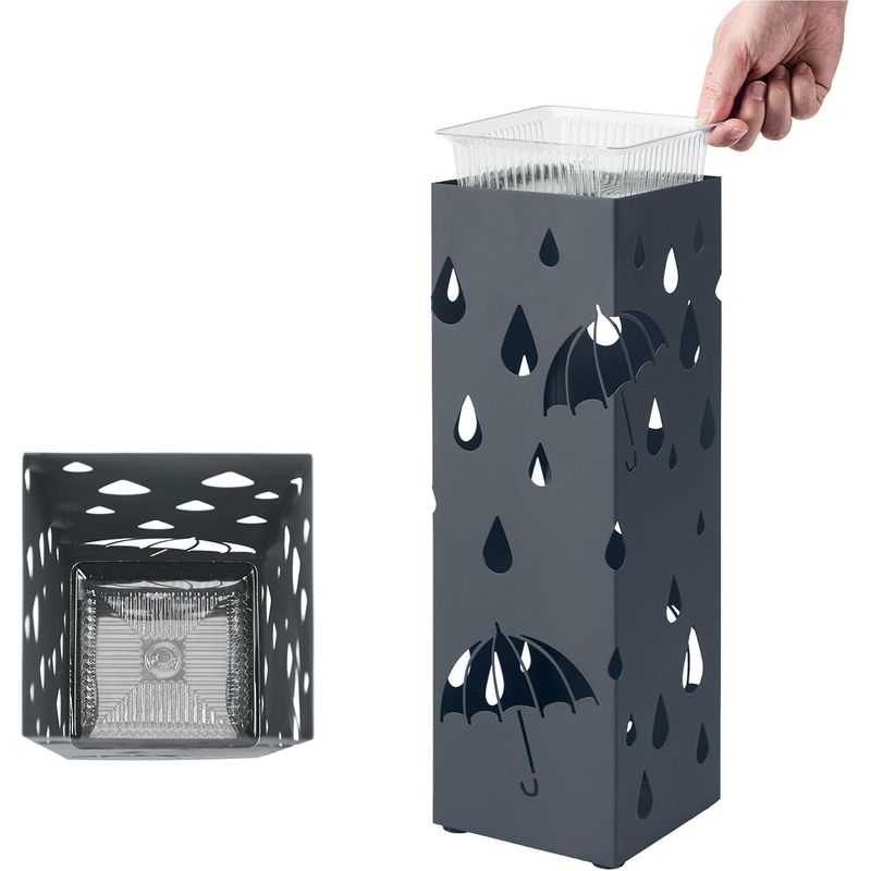 Casa si Gradina - Mobilier - Organizare si depozitare - Cutii depozitare - Suport umbrele metalic cu recipient detasabil apa, 4 carlige, decupaje moderne, 16x16x49 cm, antracit - Infinity.ro