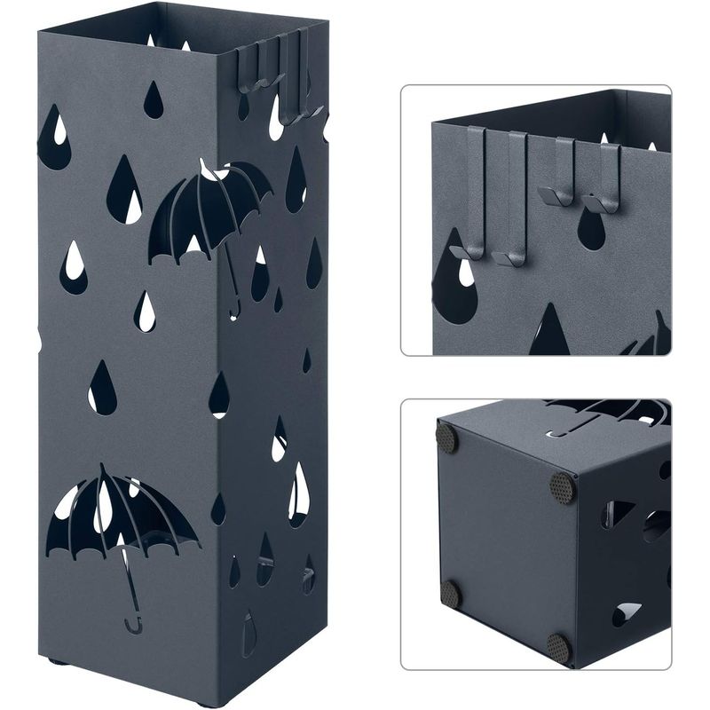 Casa si Gradina - Mobilier - Organizare si depozitare - Cutii depozitare - Suport umbrele metalic cu recipient detasabil apa, 4 carlige, decupaje moderne, 16x16x49 cm, antracit - Infinity.ro