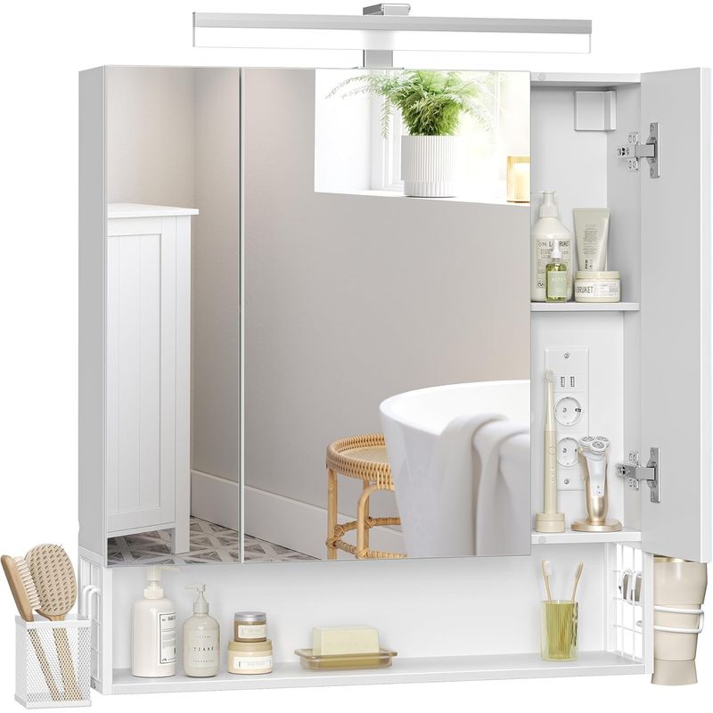 Casa si Gradina - Mobilier - Mobilier baie - Corpuri baie - Dulap de baie de perete, cu oglinda si LED, prize si USB incorporate, 70x16x75 cm, alb - Infinity.ro