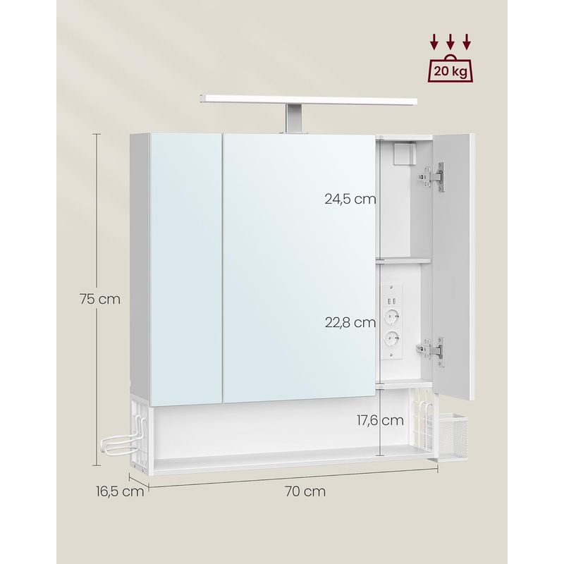 Casa si Gradina - Mobilier - Mobilier baie - Corpuri baie - Dulap de baie de perete, cu oglinda si LED, prize si USB incorporate, 70x16x75 cm, alb - Infinity.ro