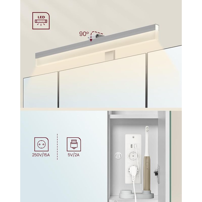 Casa si Gradina - Mobilier - Mobilier baie - Corpuri baie - Dulap de baie de perete, cu oglinda si LED, prize si USB incorporate, 70x16x75 cm, alb - Infinity.ro
