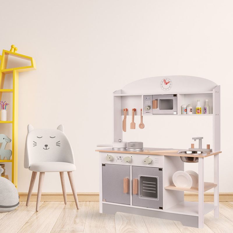 Casa si Gradina - Mobilier - Mobilier copii - Mobilier camera copiilor - Bucatarie din lemn pentru copii cu accesorii, MDF si lemn, 68x25x82 cm, gri si alb - Infinity.ro