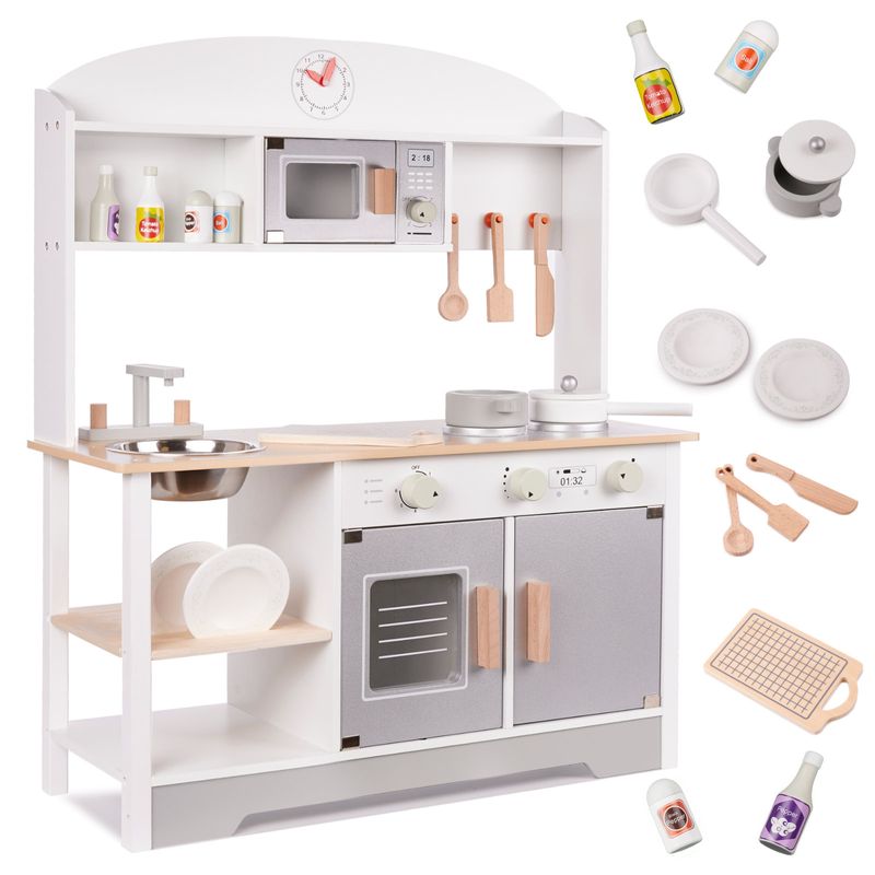 Casa si Gradina - Mobilier - Mobilier copii - Mobilier camera copiilor - Bucatarie din lemn pentru copii cu accesorii, MDF si lemn, 68x25x82 cm, gri si alb - Infinity.ro